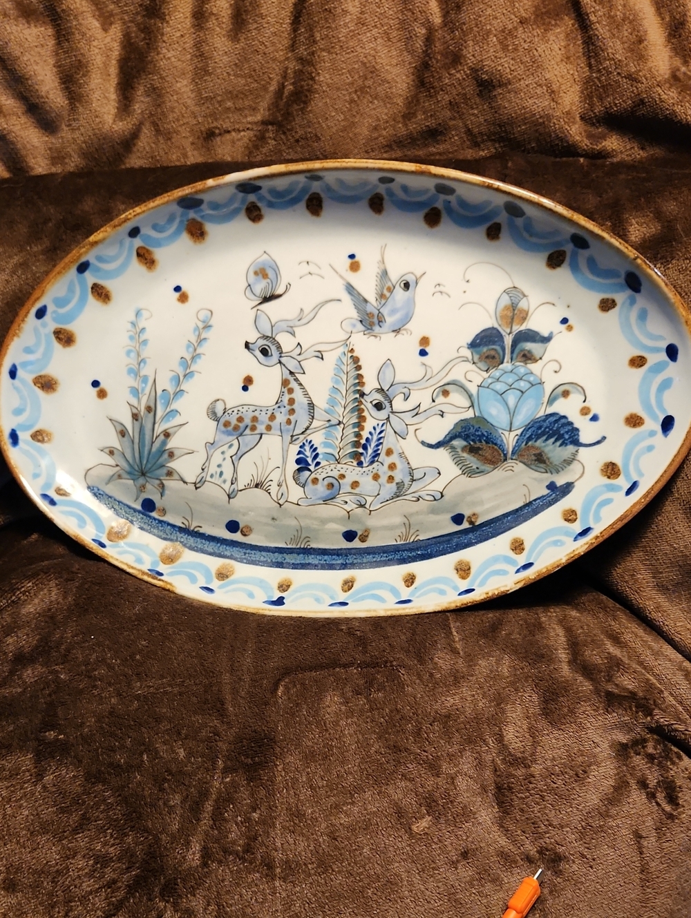 Hand-Painted Blue and Gold Decorative Oval Platter By Ken Edwards